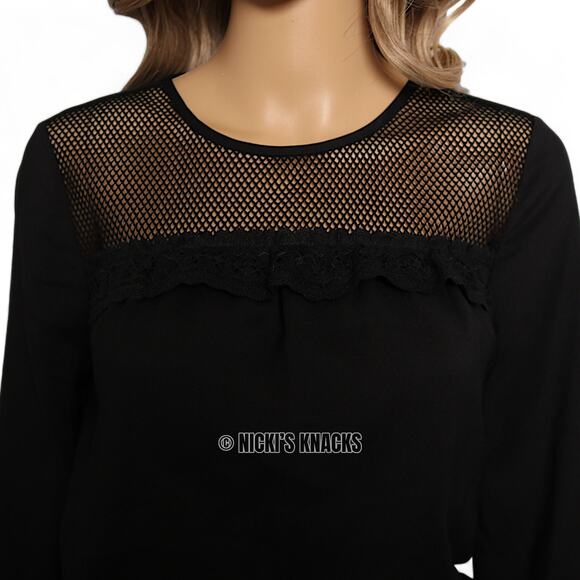 Le Gali Black Fishnet Mini Dress Drawstring Waist Babydoll 3/4 Sleeve Size XS - Picture 4 of 12